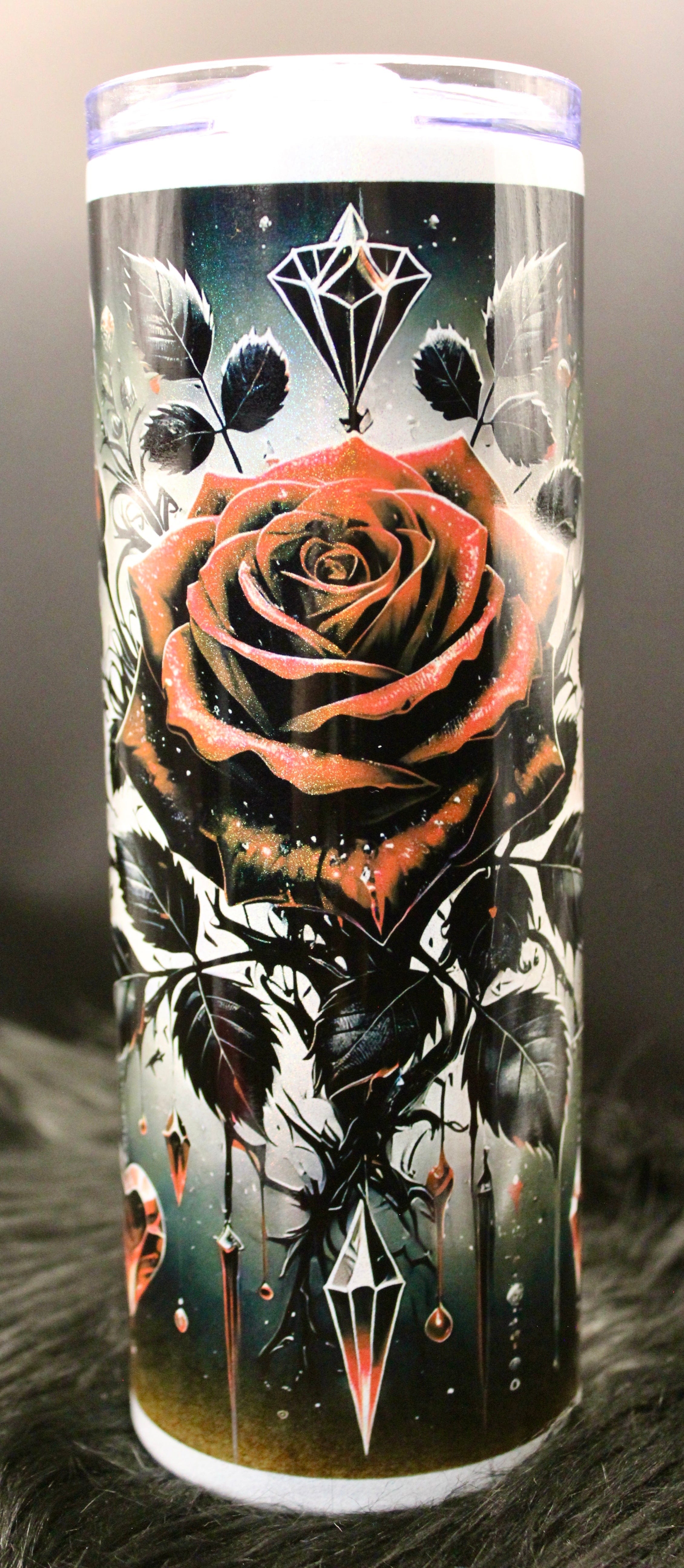 DillyDog Creations wrapin 20 Oz Skinny Tumbler / Black Jeweled Roses / Shown In Glitter Version )