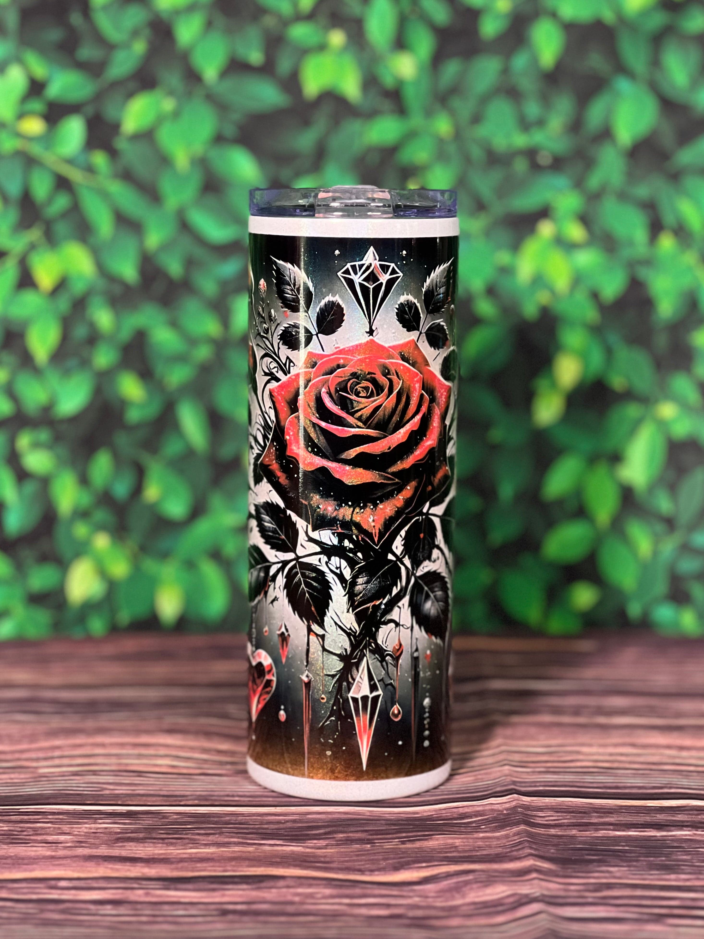 DillyDog Creations wrapin 20 Oz Skinny Tumbler / Black Jeweled Roses / Shown In Glitter Version )