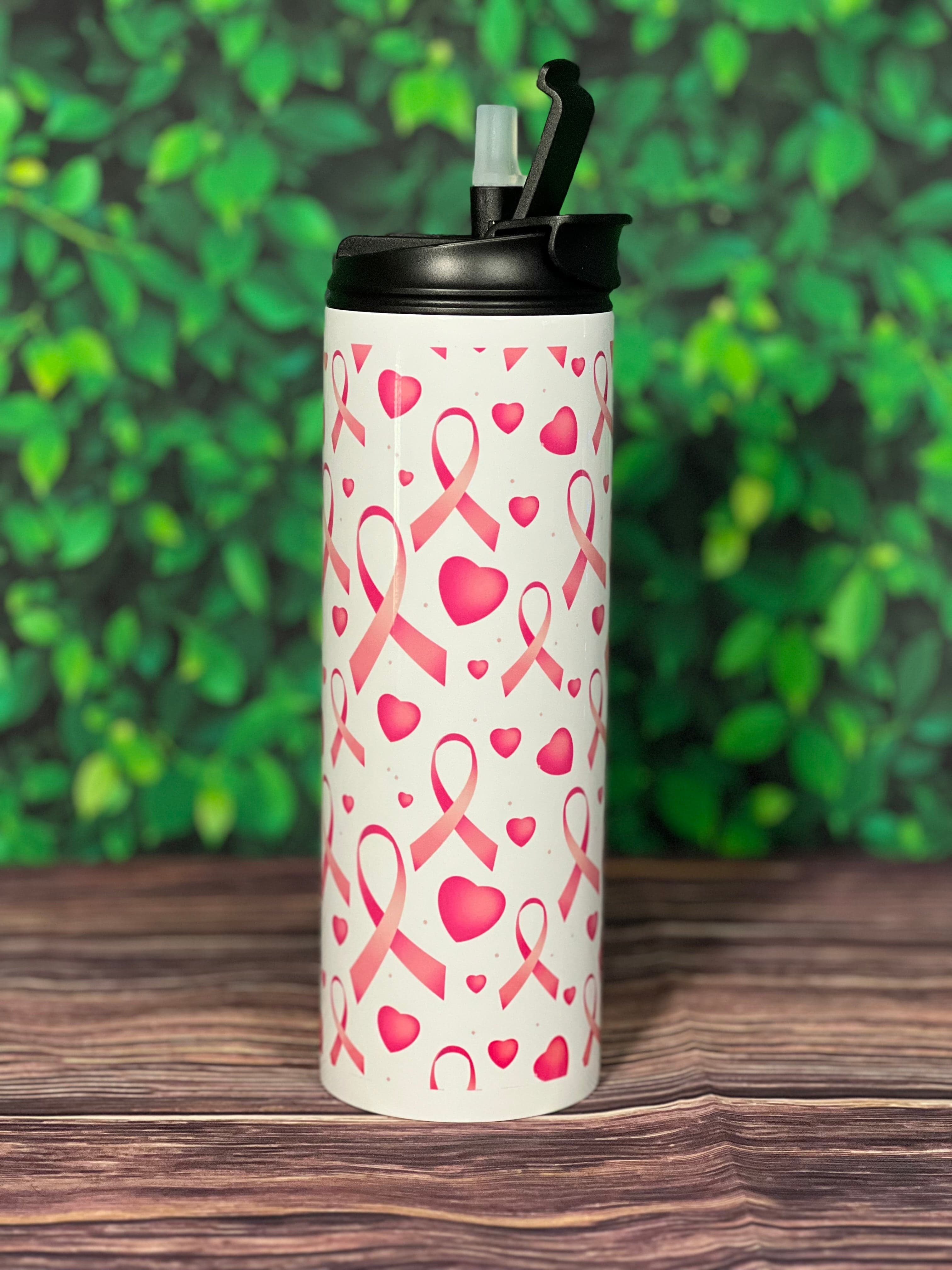 DillyDog Creations wrapin 20 Oz Skinny Tumbler / Breast Cancer Pink Ribbon Hearts ( Shown in Dual Sports Top Version )