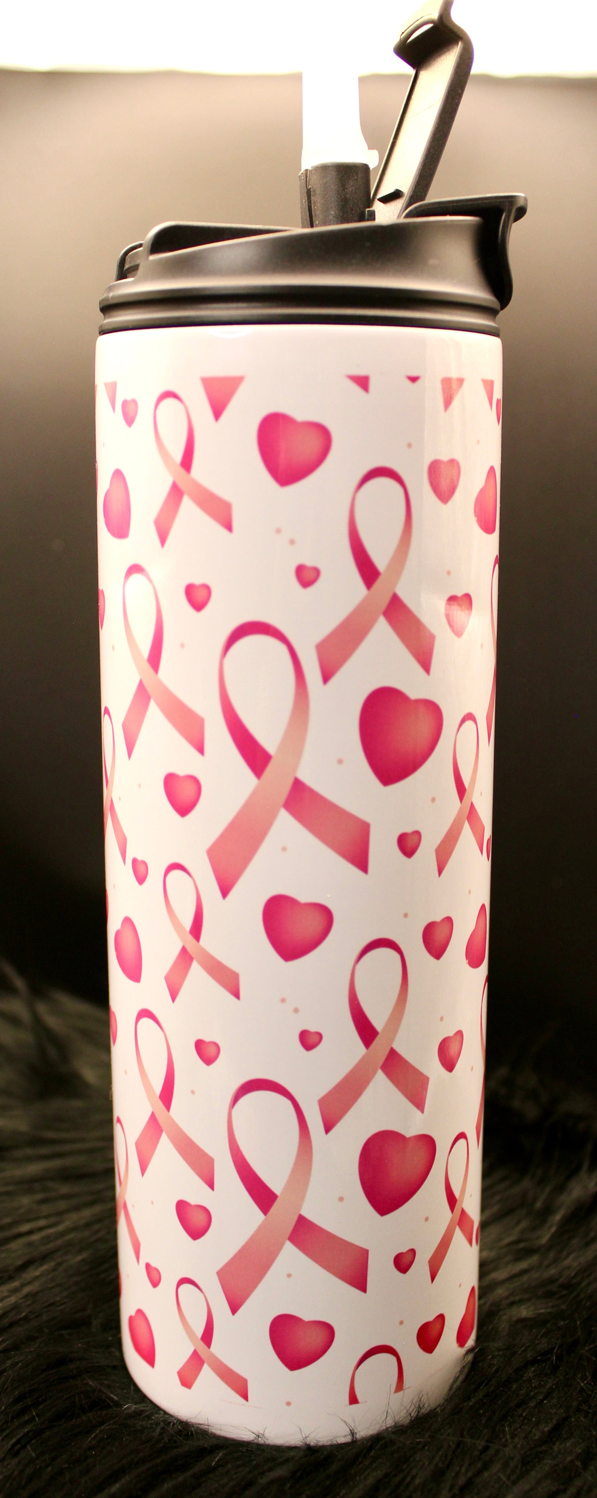 DillyDog Creations wrapin 20 Oz Skinny Tumbler / Breast Cancer Ribbon Hearts