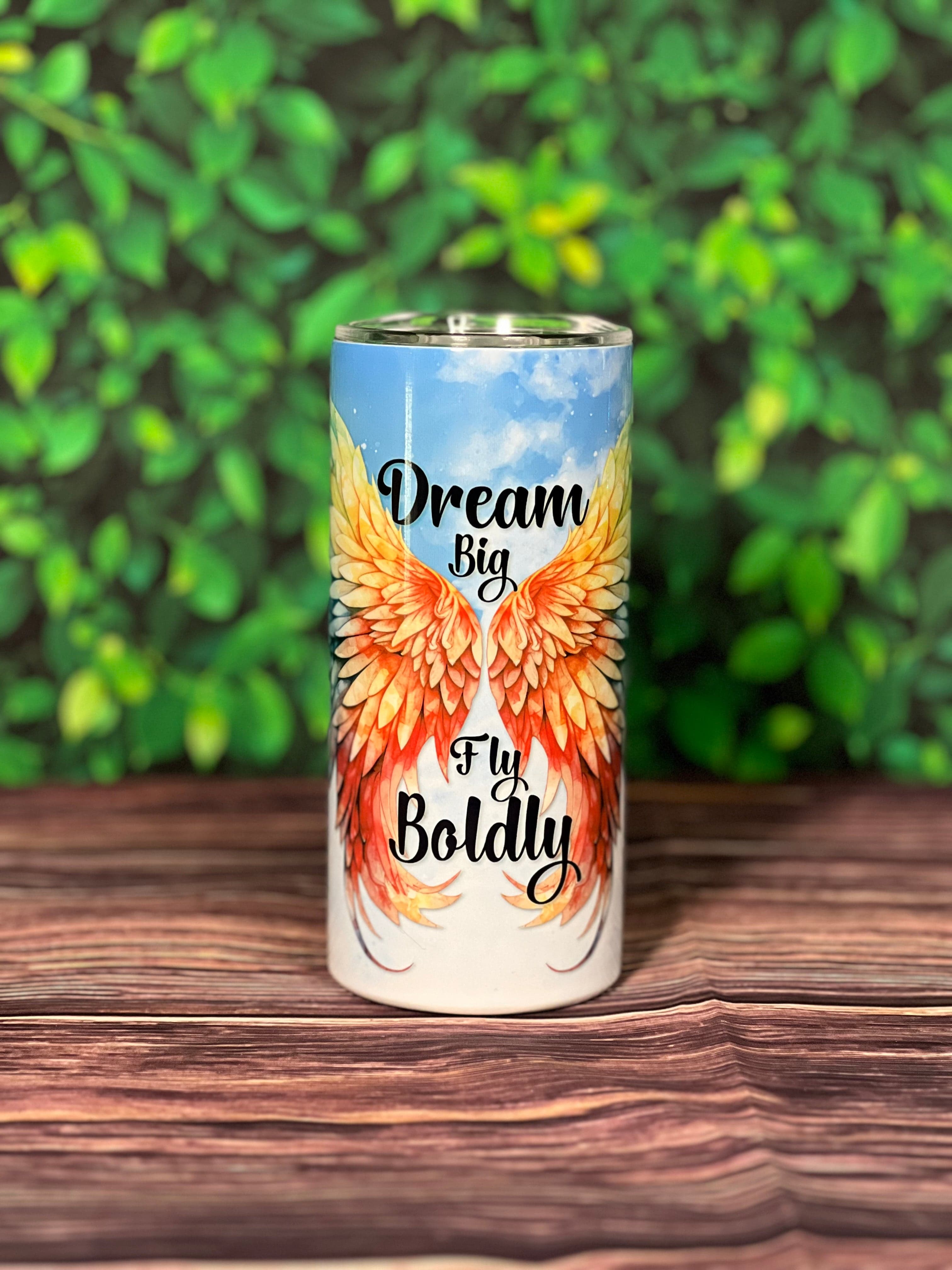 DillyDog Creations wrapin 20 Oz Skinny Tumbler / Dream Big Fly Boldly Angel Wings / Shown In 16oz With Handle )