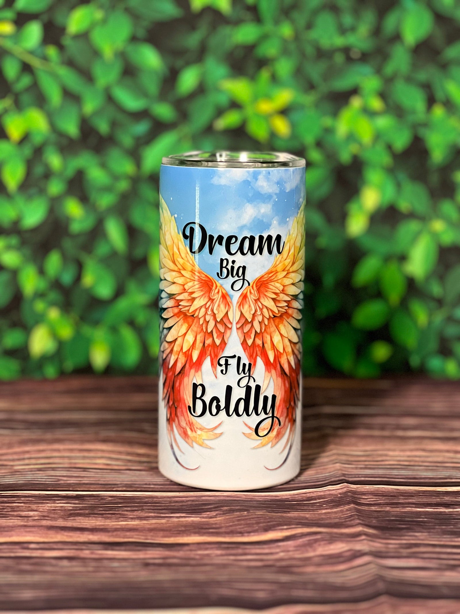 DillyDog Creations wrapin 20 Oz Skinny Tumbler / Dream Big Fly Boldly Angel Wings / Shown In 16oz With Handle )