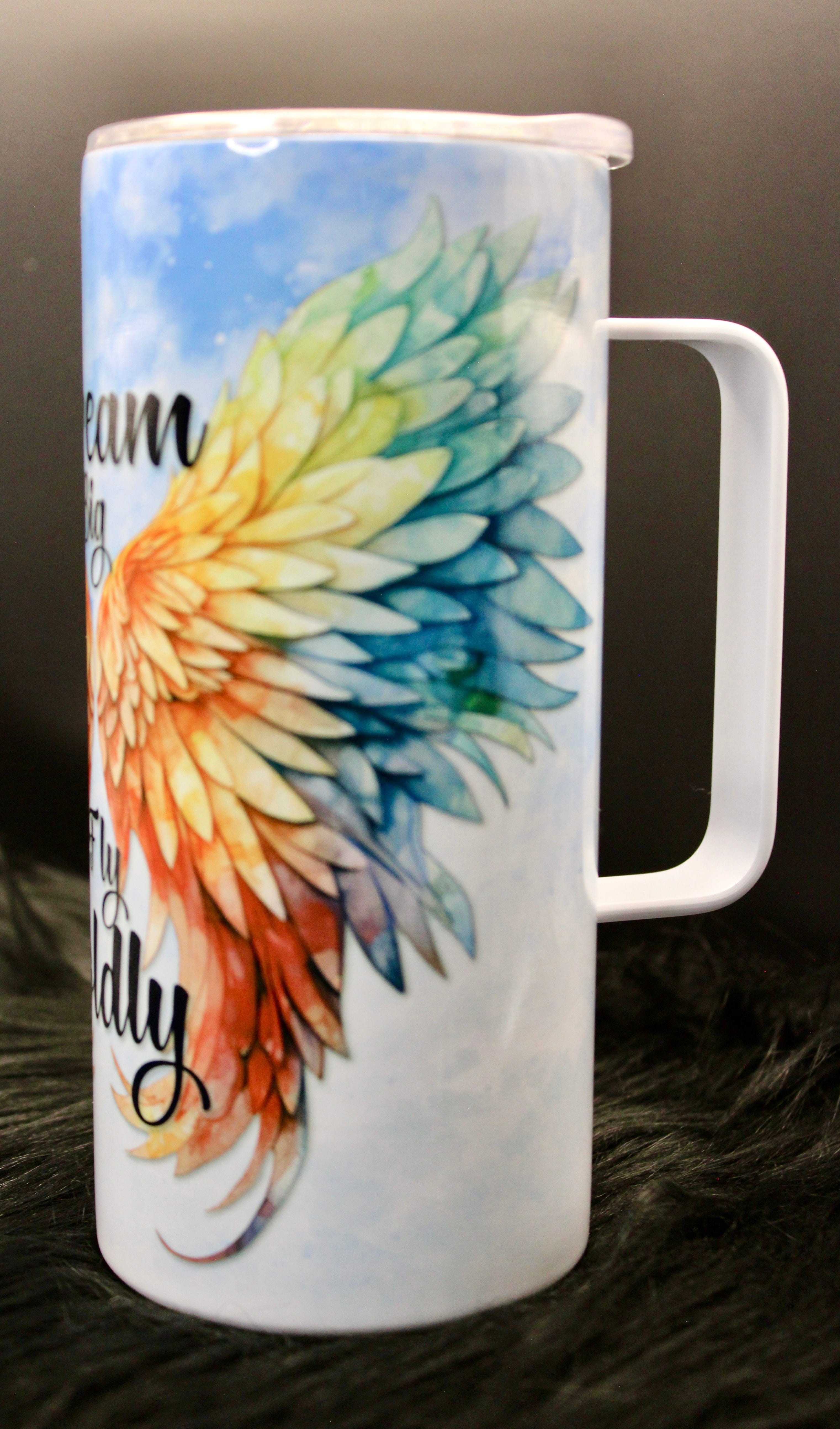 DillyDog Creations wrapin 20 Oz Skinny Tumbler / Dream Big Fly Boldly / Shown In 16oz With Handle )