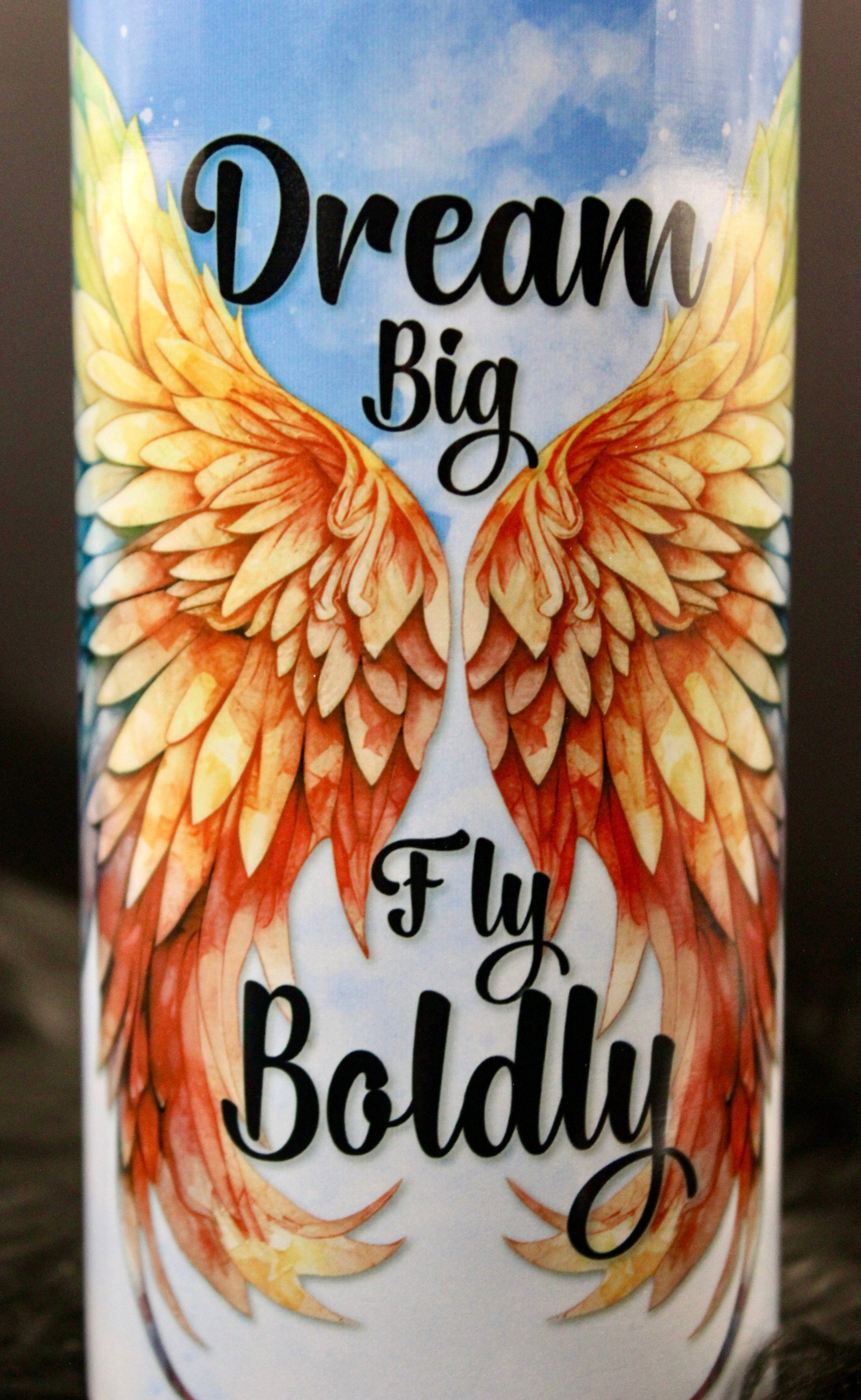 DillyDog Creations wrapin 20 Oz Skinny Tumbler / Dream Big Fly Boldly / Shown In 16oz With Handle )