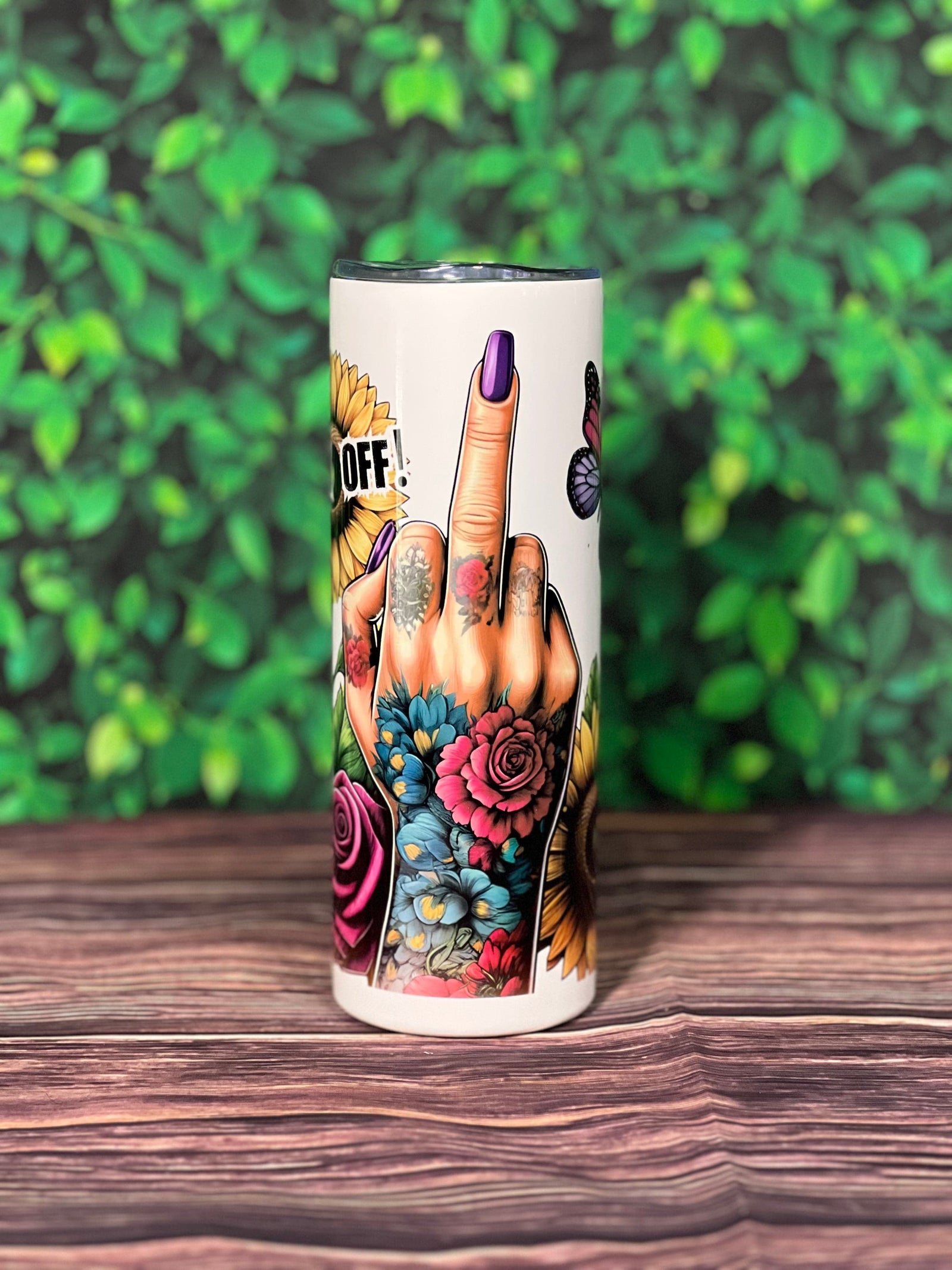 DillyDog Creations wrapin 20 Oz Skinny Tumbler / F*ck Off Tattooed Finger Flip Off