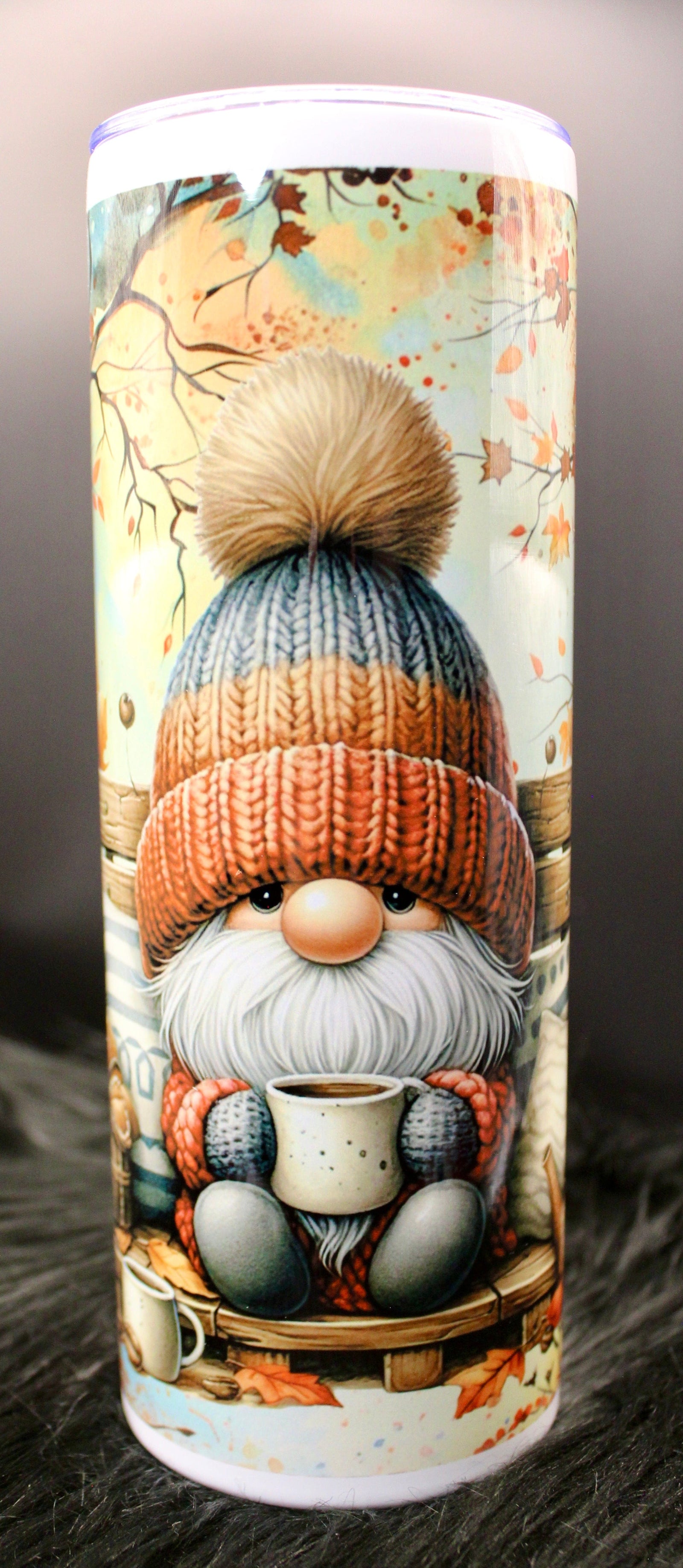 DillyDog Creations wrapin 20 Oz Skinny Tumbler / Fall Coffee Gnome