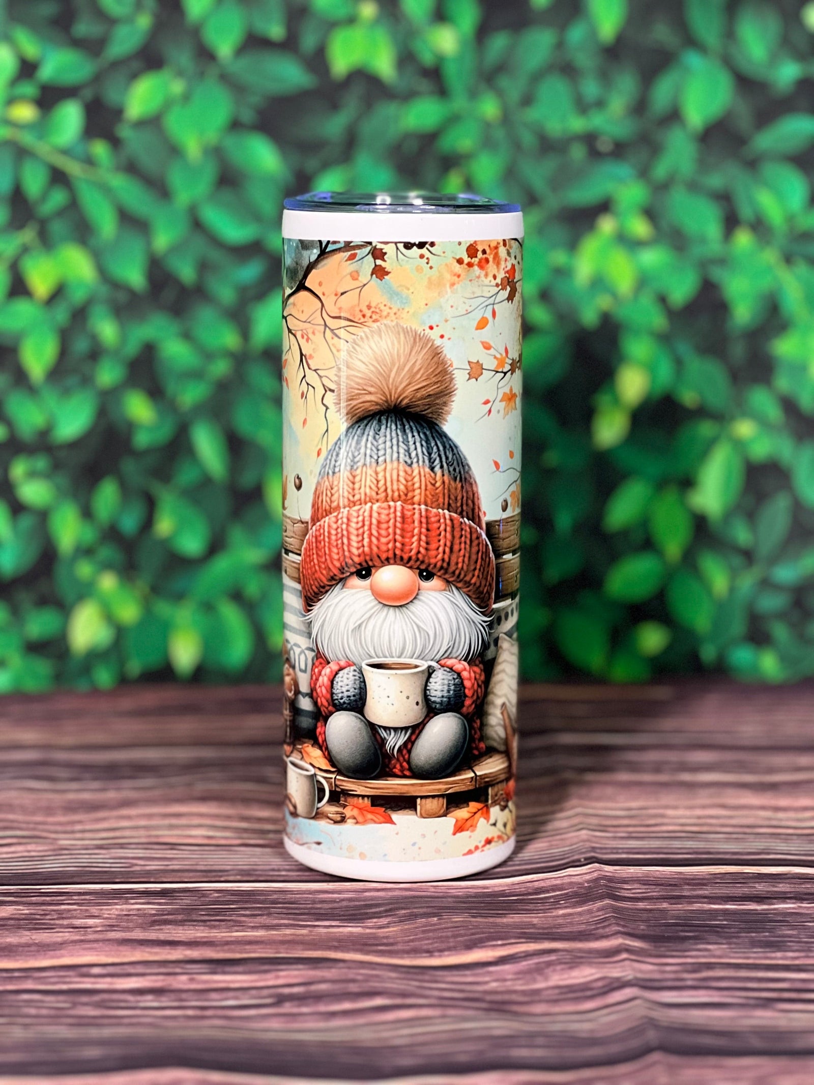 DillyDog Creations wrapin 20 Oz Skinny Tumbler / Fall Coffee Gnome On Bench