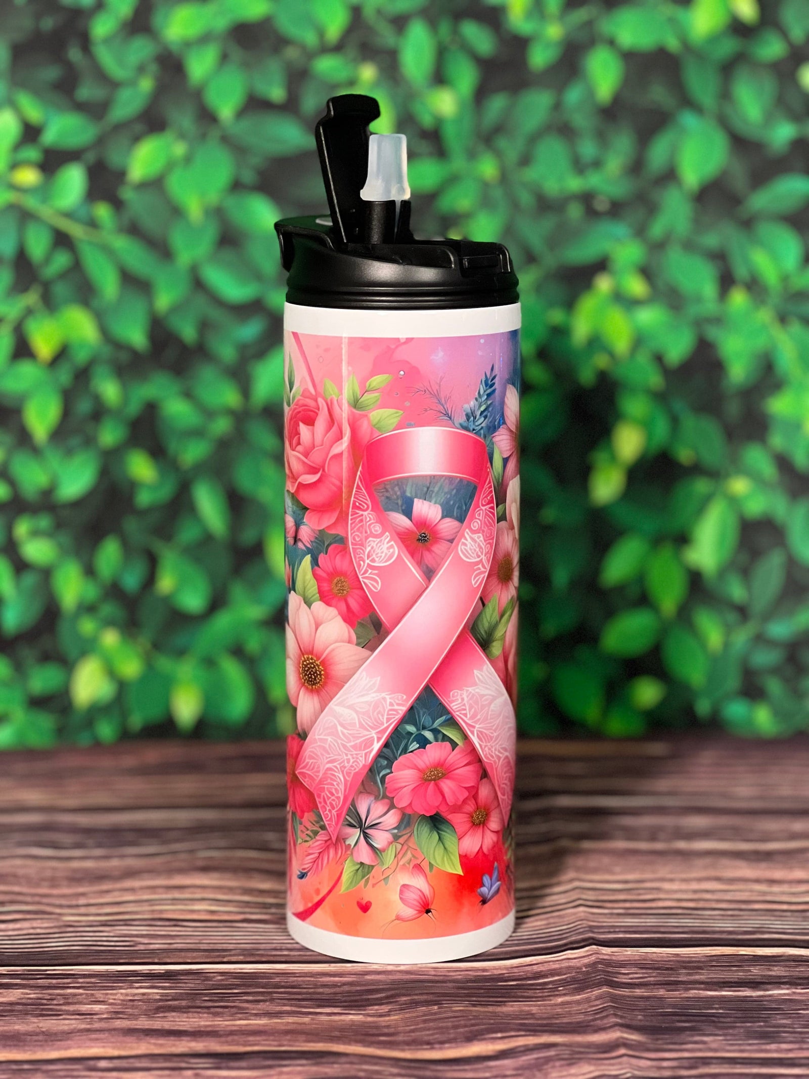 DillyDog Creations wrapin 20 Oz Skinny Tumbler / Floral Cancer Pink Ribbon ( Shown in Dual Sports-Top Version )