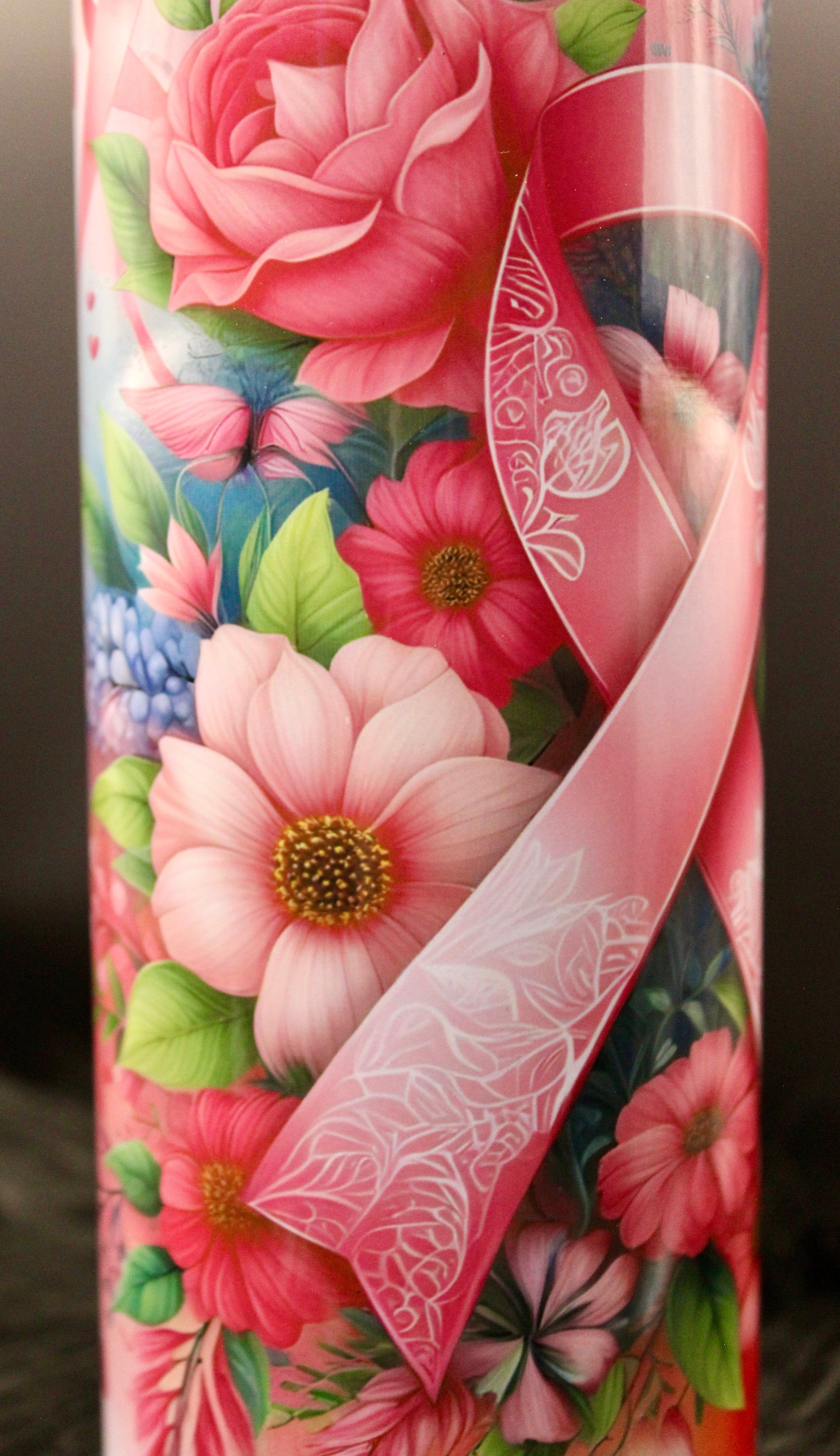 DillyDog Creations wrapin 20 Oz Skinny Tumbler / Floral Cancer Ribbon