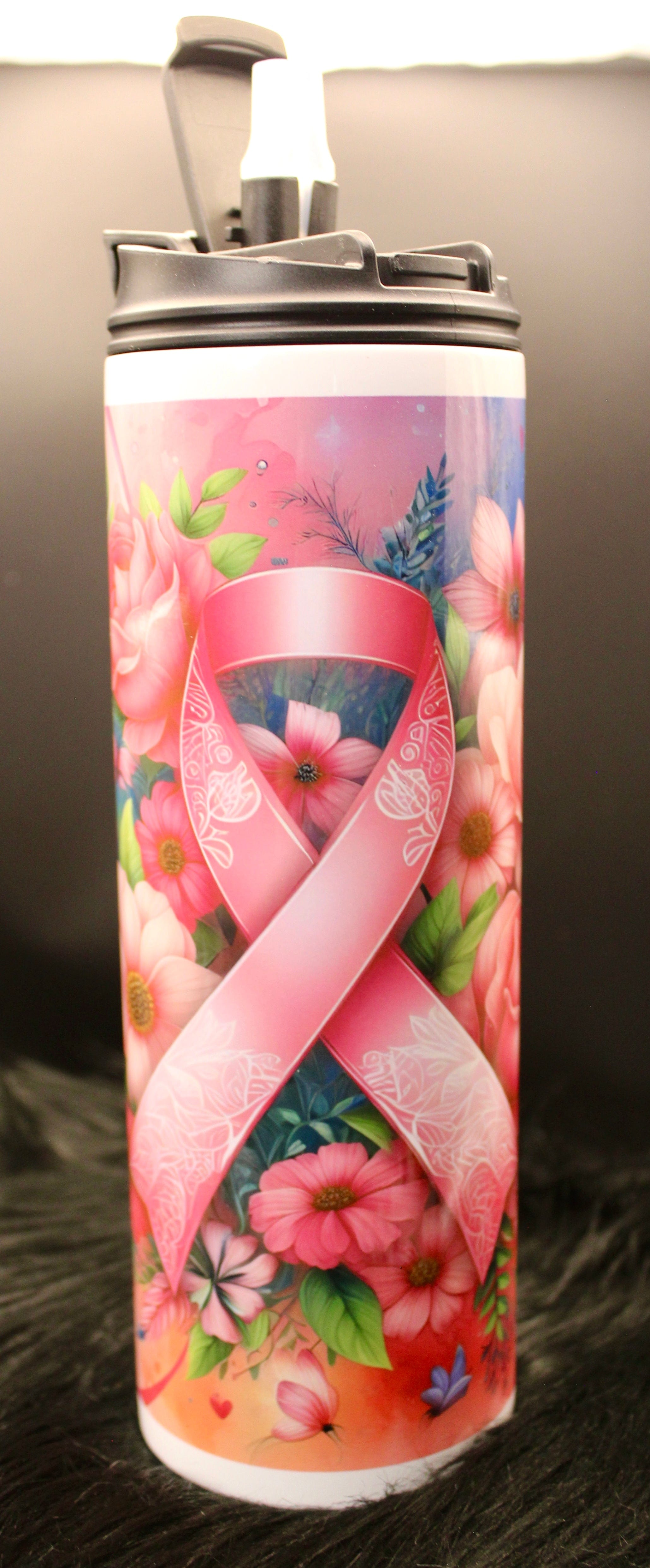 DillyDog Creations wrapin 20 Oz Skinny Tumbler / Floral Cancer Ribbon