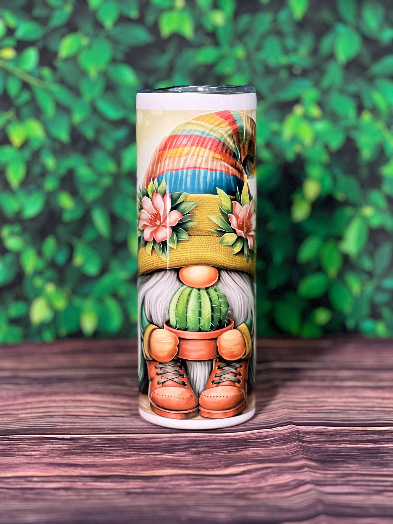 DillyDog Creations wrapin 20 Oz Skinny Tumbler / Gnome Holding Cactus