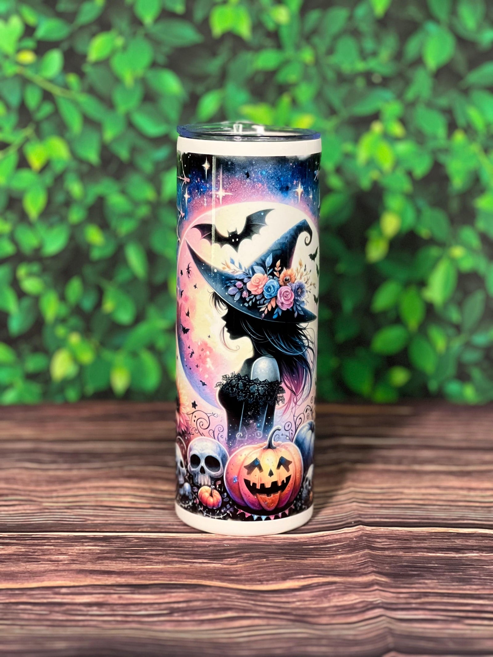 DillyDog Creations wrapin 20 Oz Skinny Tumbler / Halloween Celestial Floral Witch