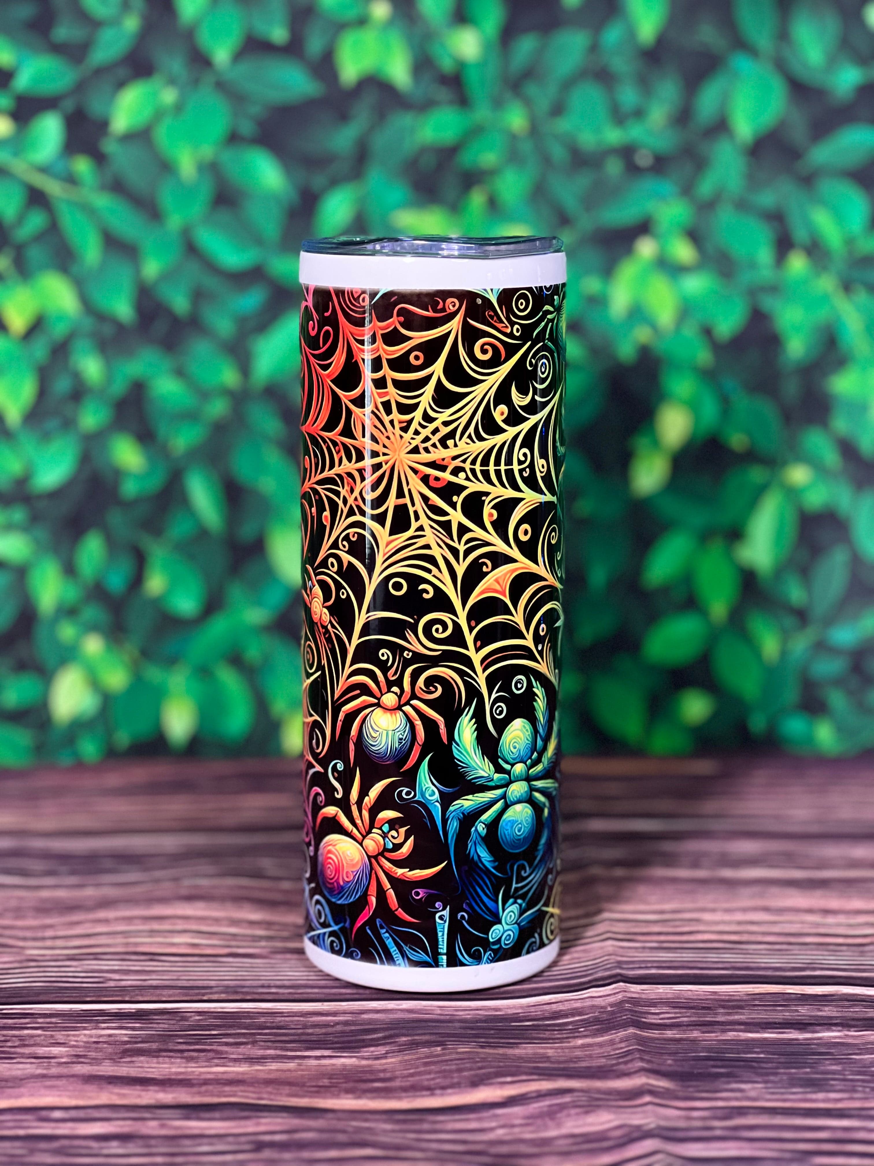 DillyDog Creations wrapin 20 Oz Skinny Tumbler / Halloween Colorful Neon Spider Web