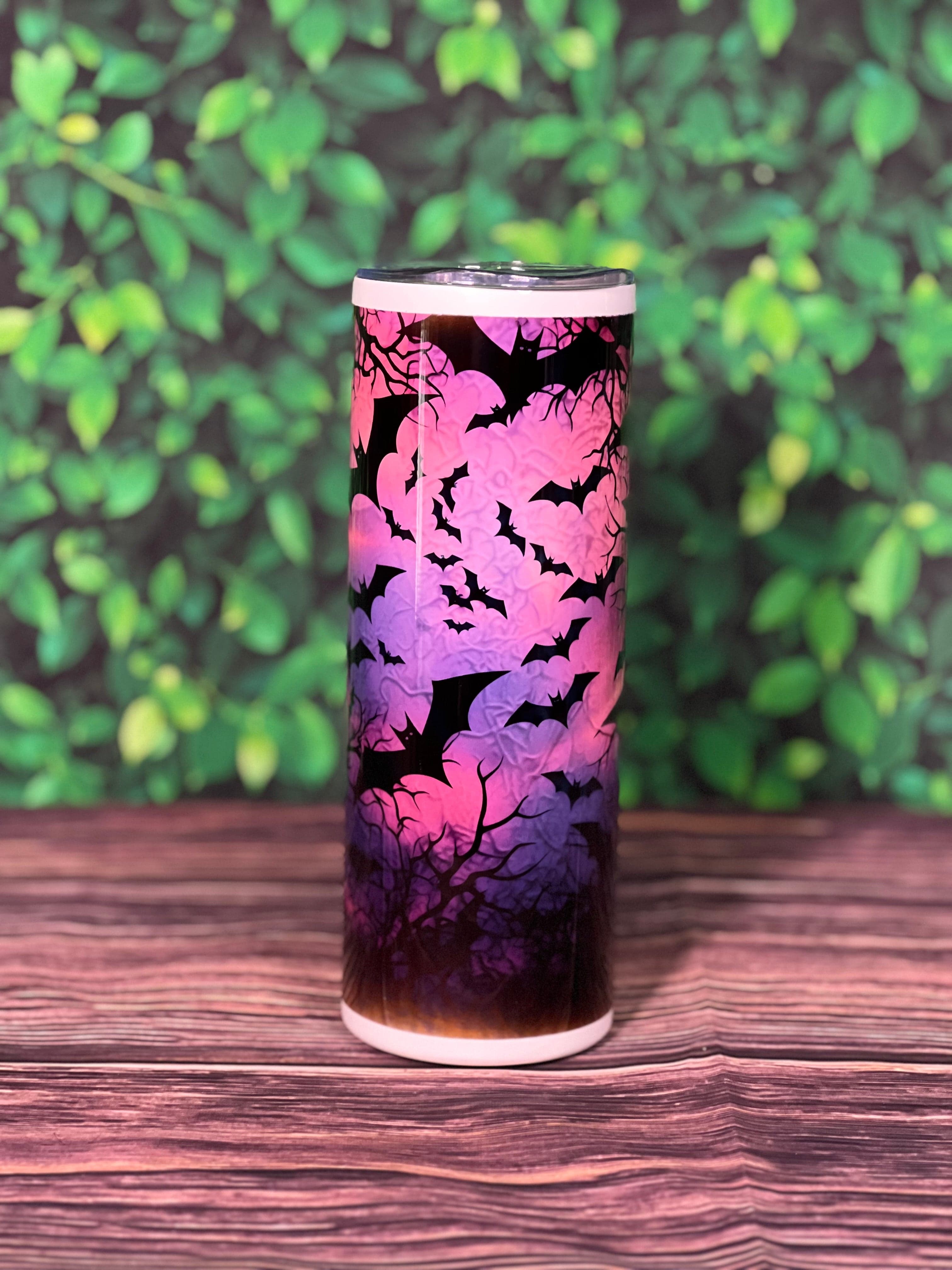 DillyDog Creations wrapin 20 Oz Skinny Tumbler / Halloween Purple Night Sky Bats