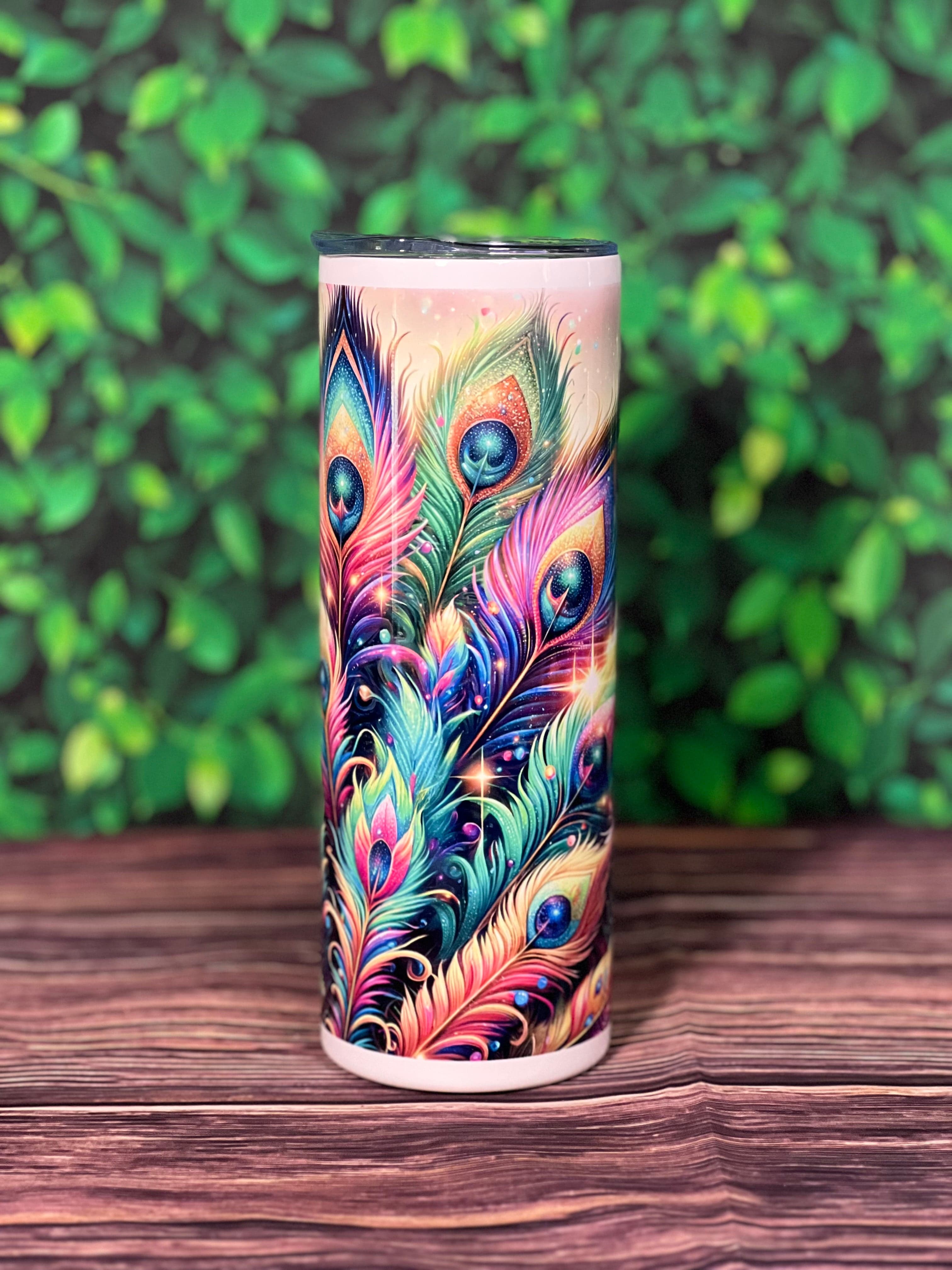 DillyDog Creations wrapin 20 Oz Skinny Tumbler / Peacock Feathers