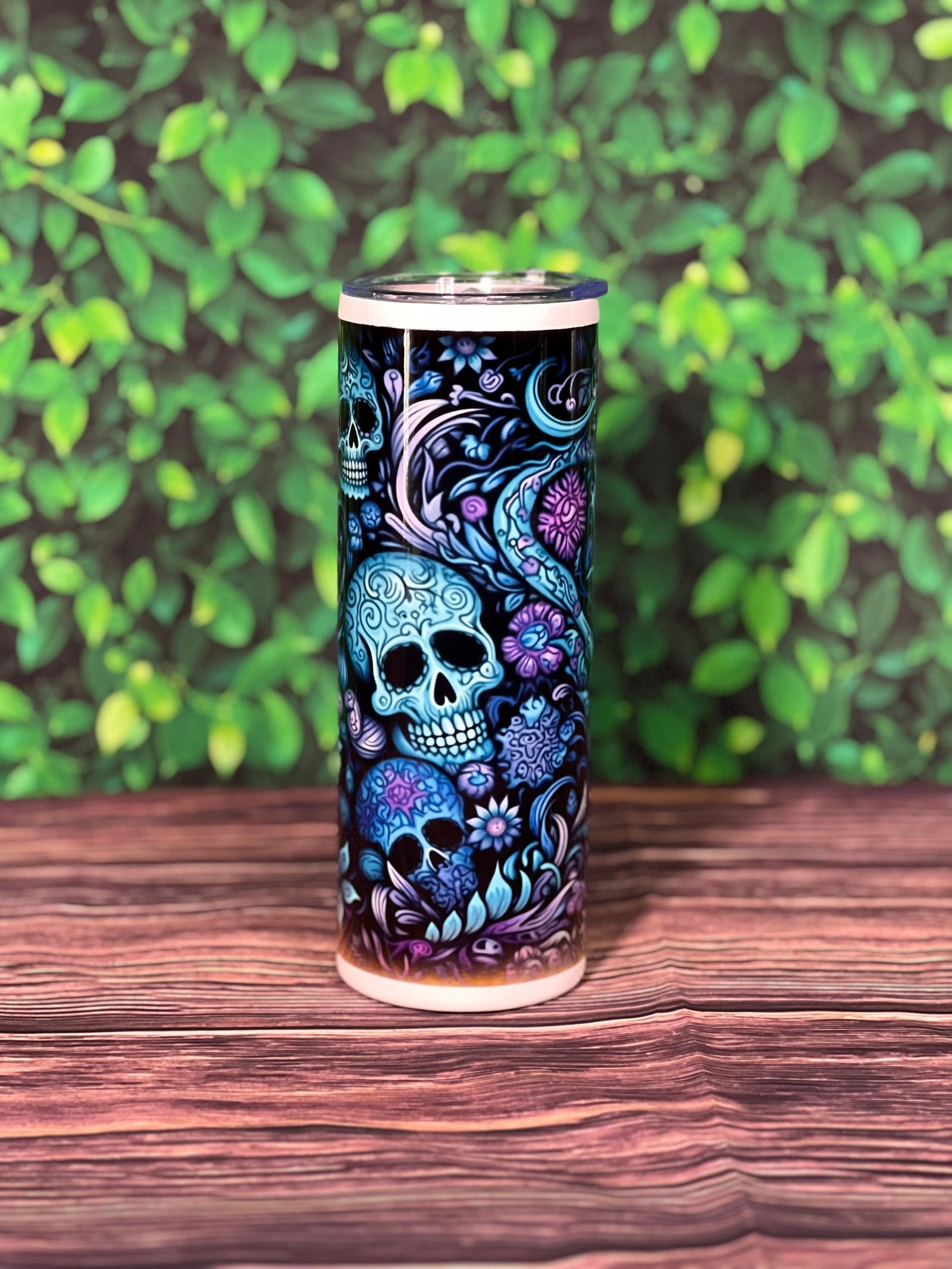 DillyDog Creations wrapin 20 Oz Skinny Tumbler / Purple & Blue Floral Sugar Skull