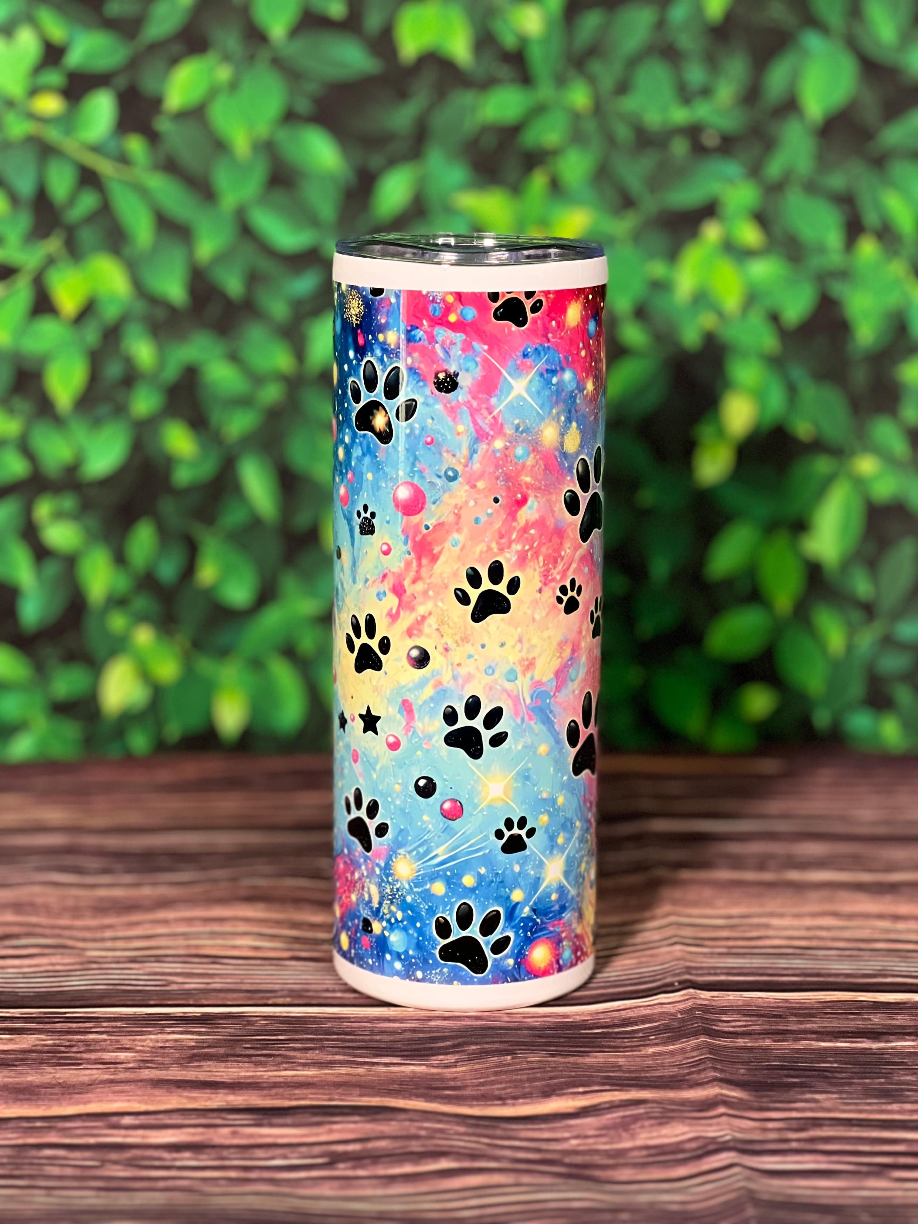 DillyDog Creations wrapin 20 Oz Skinny Tumbler / Rainbow Galaxy Paws