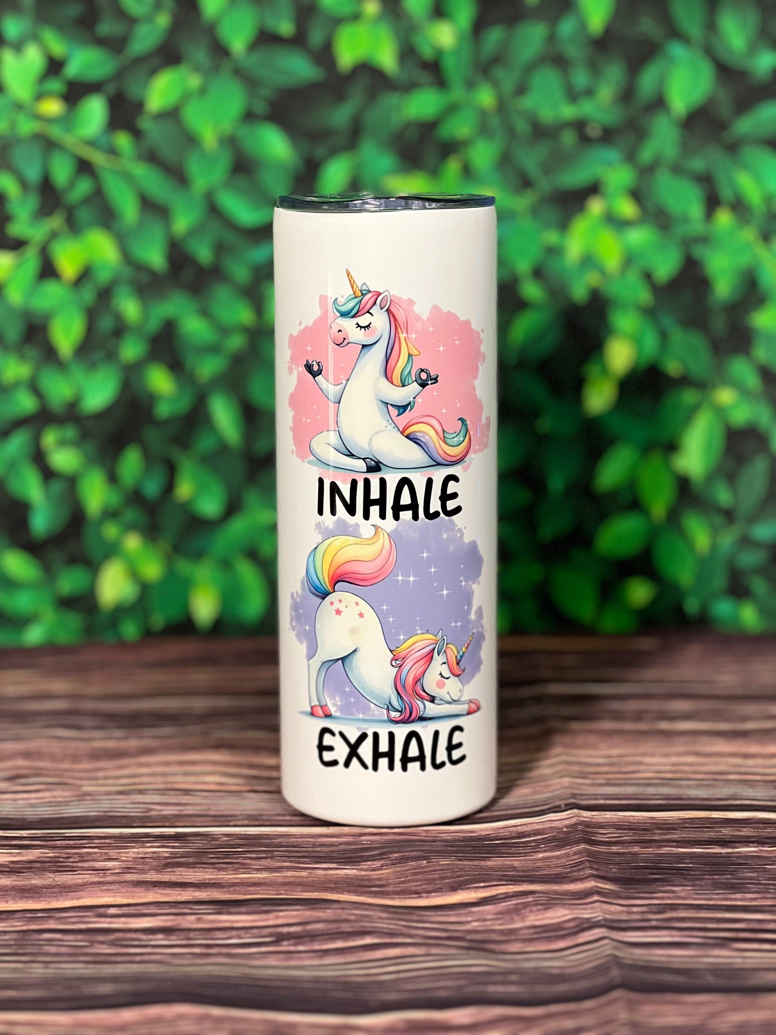 DillyDog Creations wrapin 20 Oz Skinny Tumbler / Rainbow Unicorn Yoga Inhale & Exhale