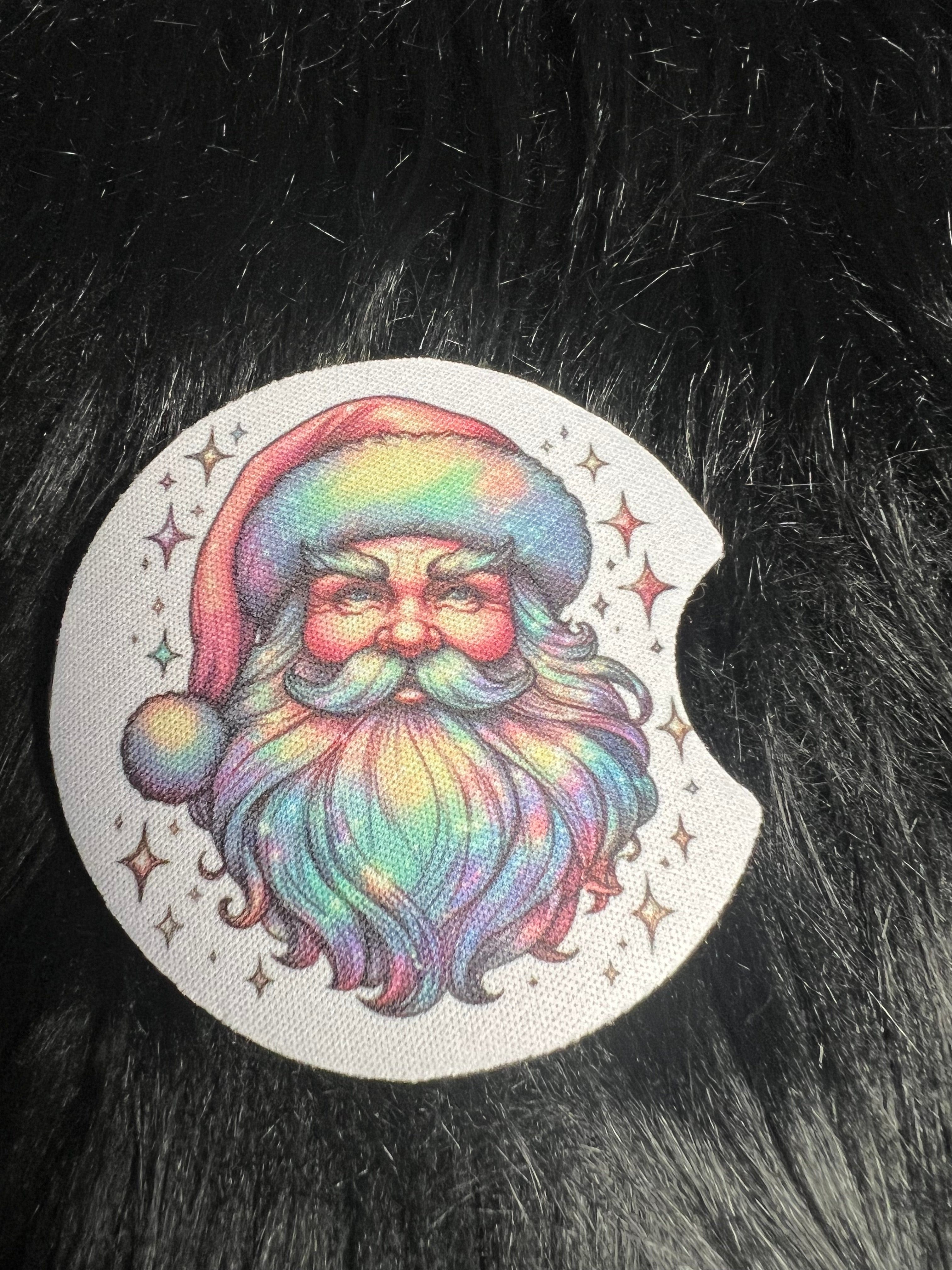 DillyDog Creations wrapin Car Coaster Set / Christmas Iridescent Santa