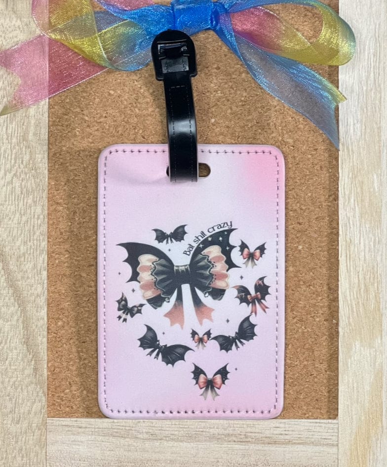 DillyDog Creations wrapin Faux Leather Luggage Tag / Halloween Pink Bat Shit Crazy Bat Bows