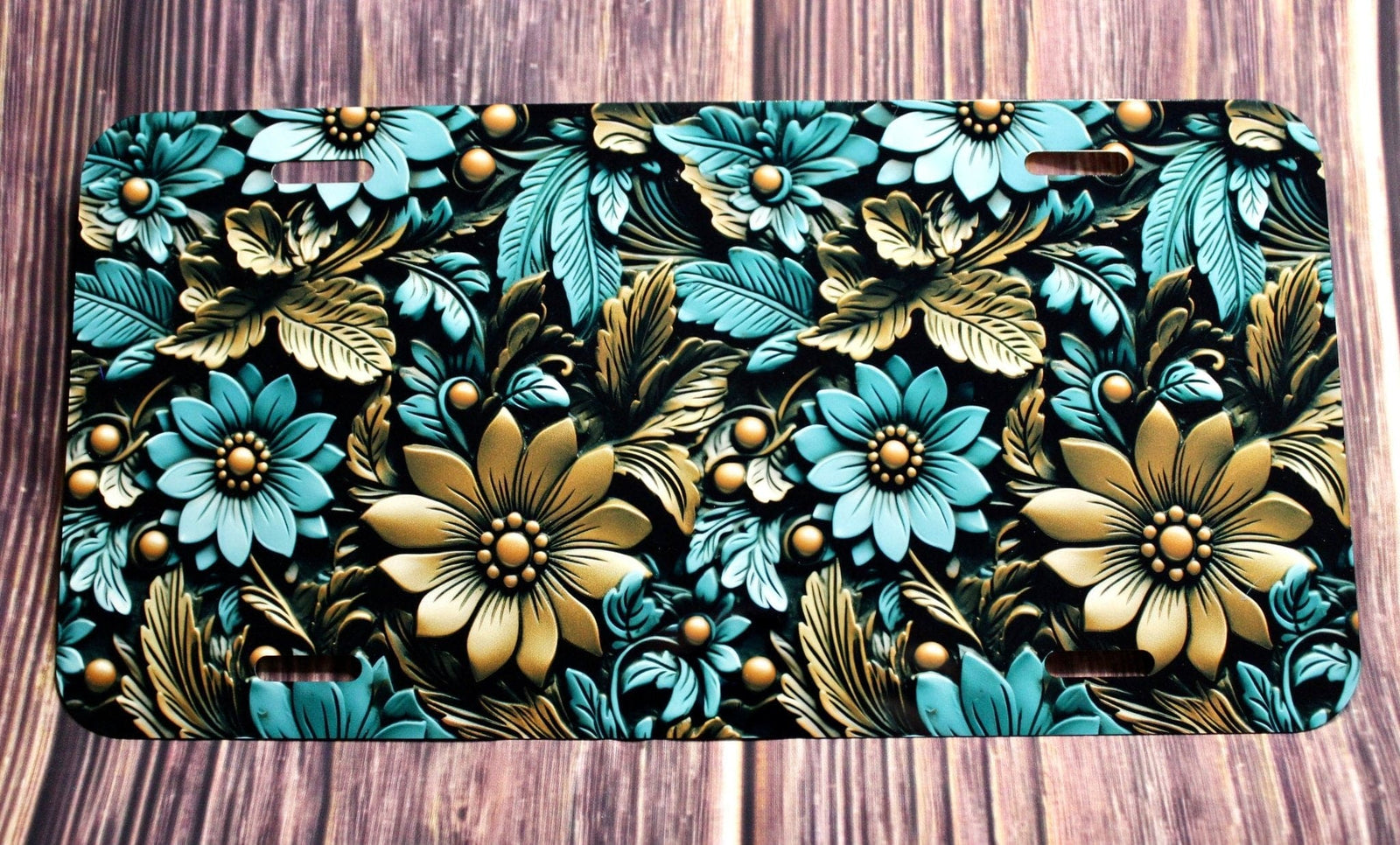 DillyDog Creations wrapin License Plate Set / Teal Leather Roses