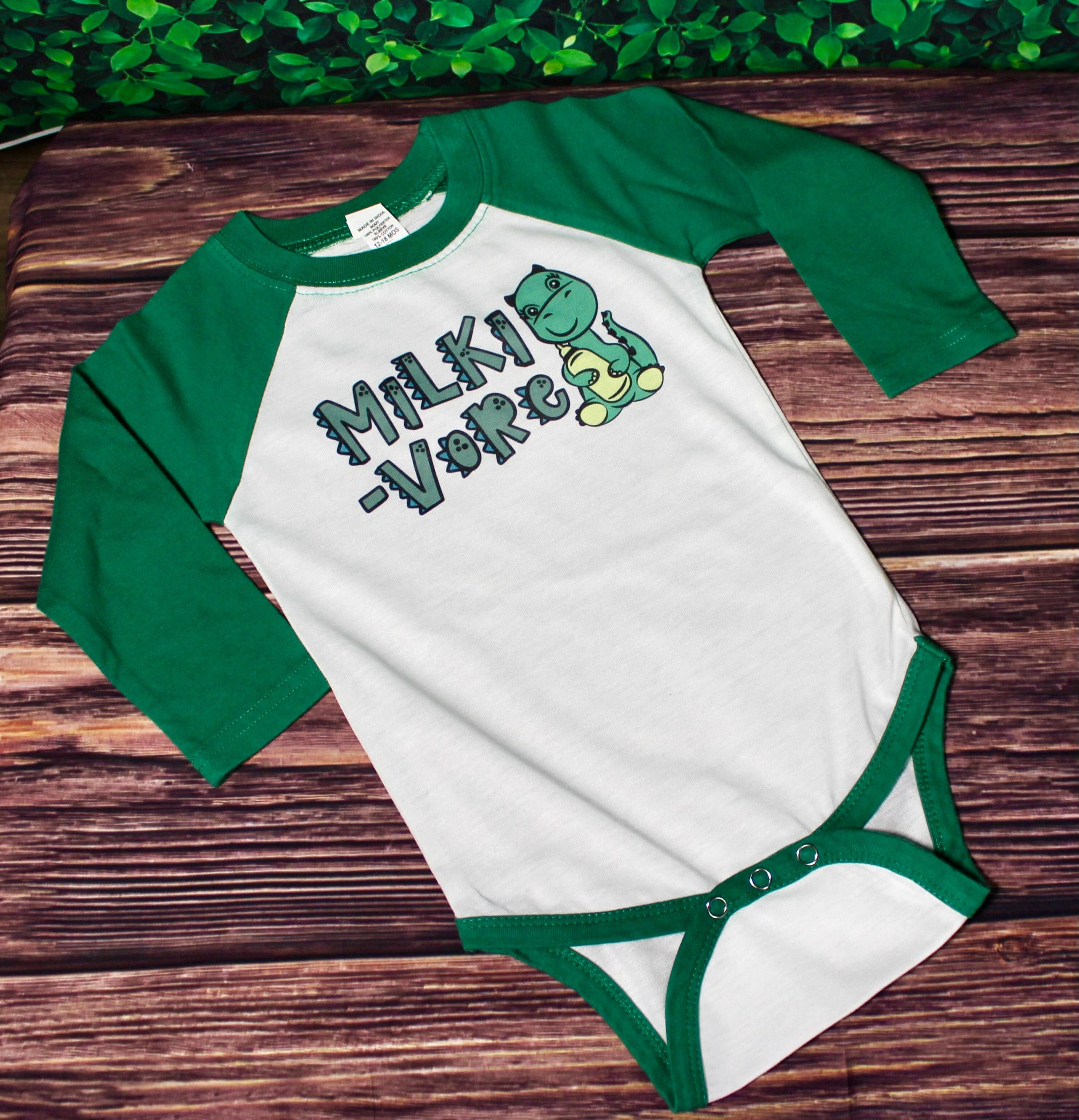 DillyDog Creations wrapin Long Sleeve Onesie / Green Dinosaur Milki-Vore