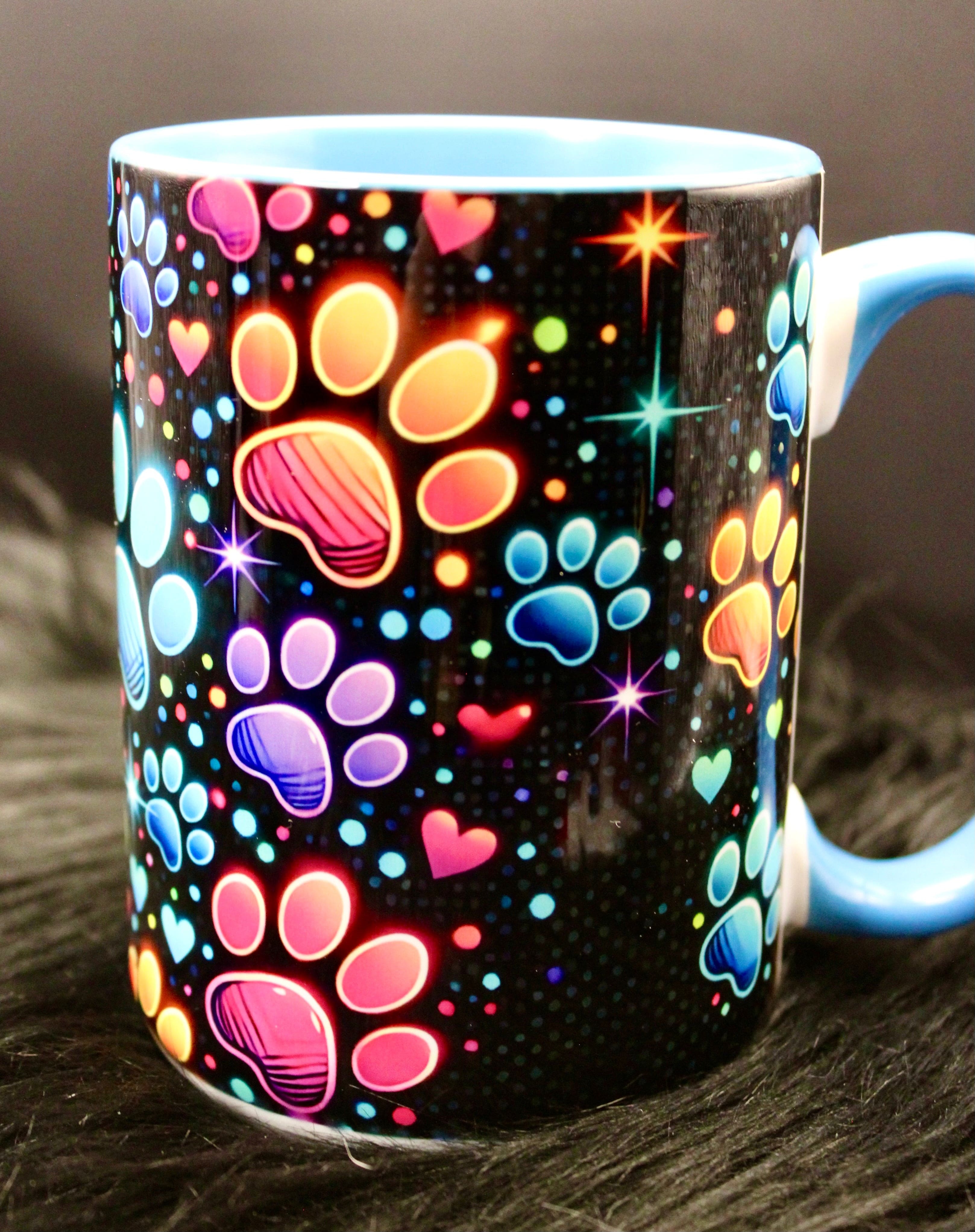 DillyDog Creations wrapin Mug / Rainbow Sparkle Paws ( Blue Interior )