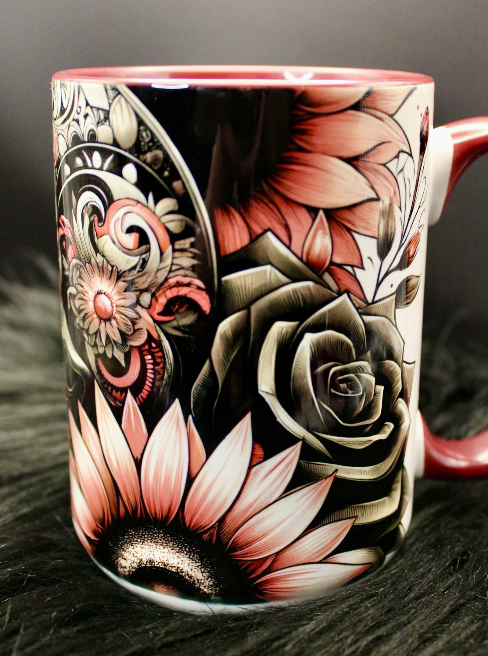 DillyDog Creations wrapin Mug / Rose Skull ( Burgundy Interior )