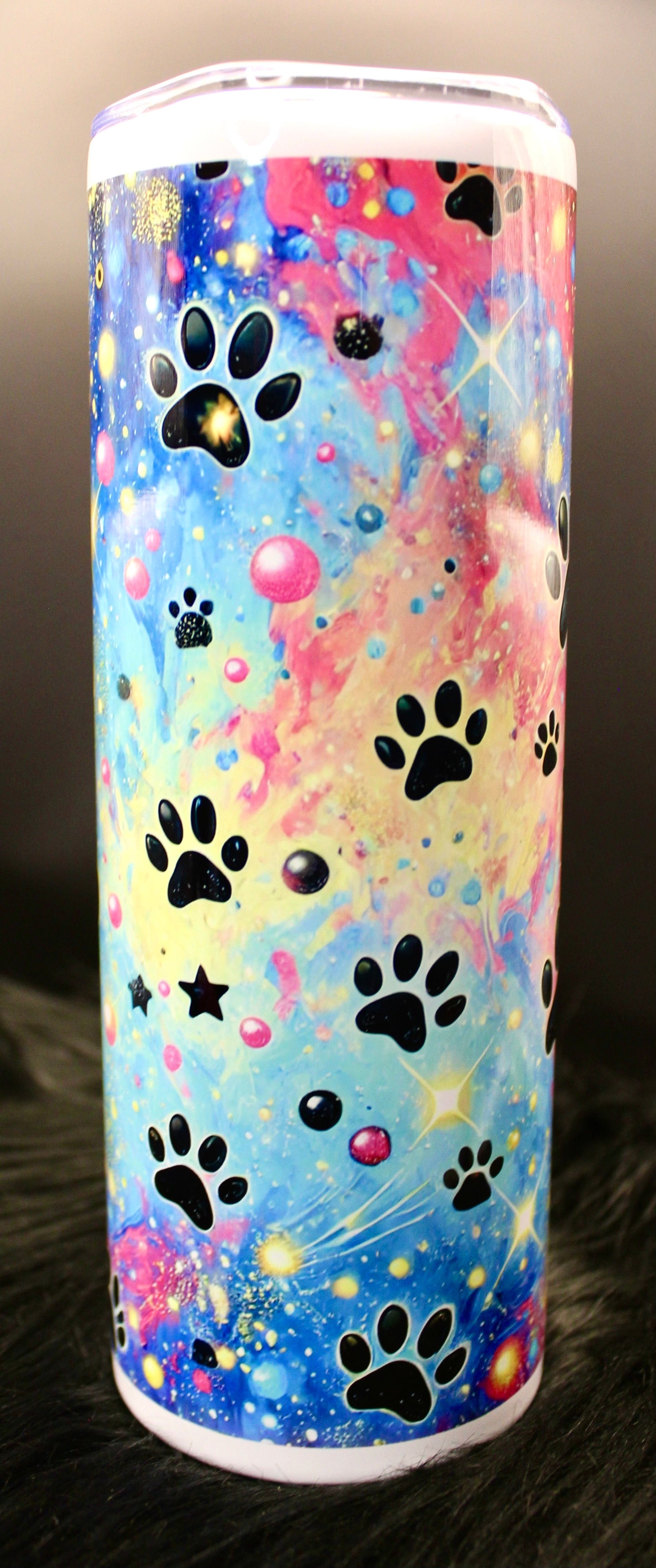 DillyDog Creations wrapin Skinny Tumbler / Rainbow Galaxy Paws